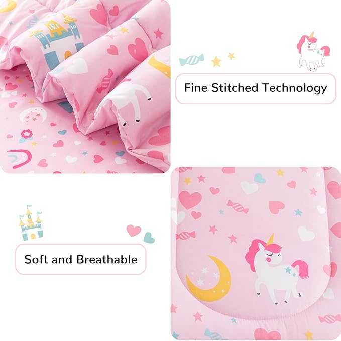 Viviland Kids Twin Bedding Sets for Girls, Soft Twin Comforter Set with Sheets, 5 Pieces Microfiber Bed in a Bag, Pink Castle Unicorn