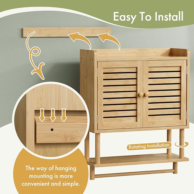 AmazerBath Bathroom Wall Cabinets, Large Bamboo Medicine Cabinets with Towel Bar, Hanging Over Toilet Storage Organizer Cabinet with Adjustable Shelves for Small Spaces, 8.3x21.3x26.6 Inches