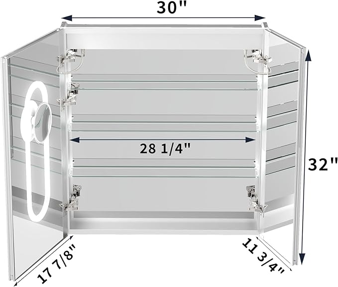 Lighted Medicine Cabinet with Mirror 30"x32" Recessed LED Medicine Cabinet Mirror, Front&Backlit, 3-Color Temperatures, Stepless Dimming, Anti-Fog, Magnifier, 2 Outlets, Storage Shelves, ETL Certified