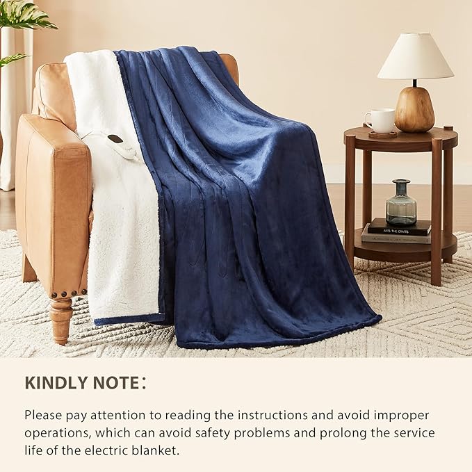 Homemate Heated Blanket Electric Throw - 50"x60" Heating Blanket Throw 1/2/4/6/8 Hours Auto-Off 10 Heat Level Over-Heat Protection Flannel Sherpa ETL Certification