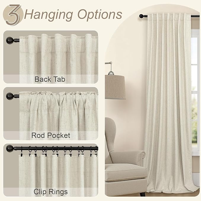 Burlap Colored Blackout Curtain 84 Inch Length 2 Panel Faux Linen Modern Farmhouse Living Room Darkening Curtain for Bedroom Window Black Out Drape for Sliding Glass Door Back Tab 7ft Long 52x84 Beige