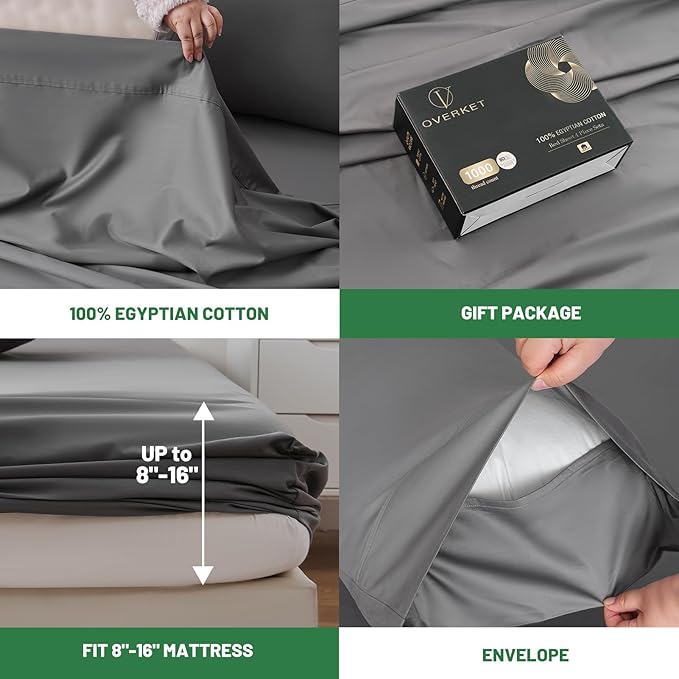 Egyptian Cotton Sheets Full Size 1000 Thread Count Sateen Weave Soft Breathable 16-Inch Deep Pocket 4PCS（Full,Dark Grey）