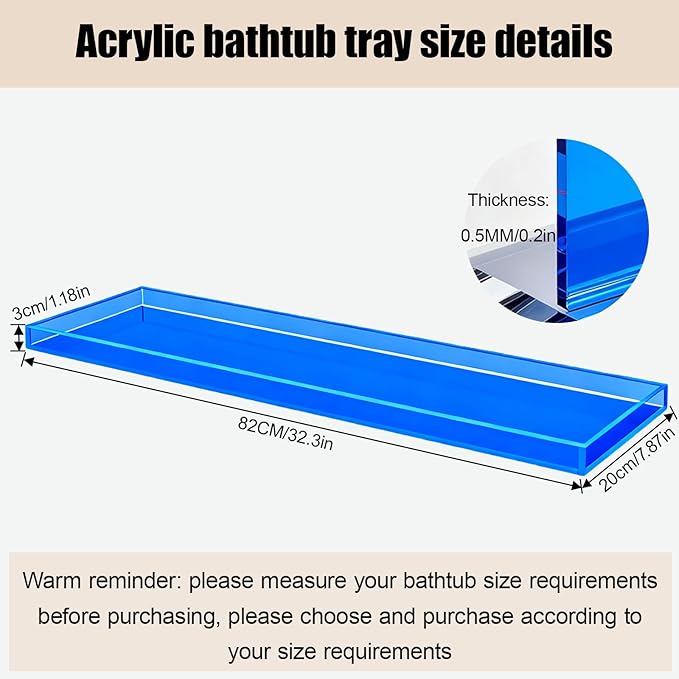 Bathtub Tray Table, Clear Acrylic, Anti-Slip Bath Caddy, L32.3″ * W7.87″ * H1.18″ (Blue, L29.9 x W7.87 x H1.18)
