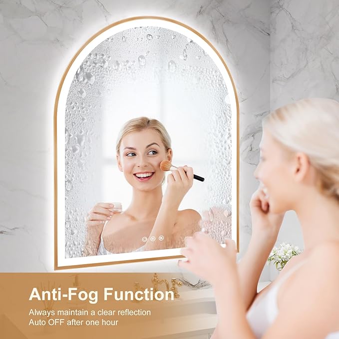 Arched LED Mirror for Bathroom 30"x36", Orange Gold LED Bathroom Mirror with Lights-Fogless, Dimmable, 3 Color Changing, Shatterproof, Touch Sensor