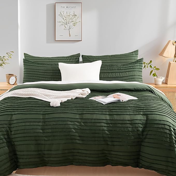 NEXHOME PRO Duvet Cover Queen Size, Blue 3 Pieces Boho Tufted Duvet Cover Set, Soft and Lightweight Microfiber Comforter Cover Set for All Season (Forest Green,90 x 90)-No Comforter