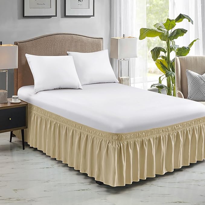 FreshCulture Queen Bed Skirt, Elastic Wrap Around Bed Skirt Queen Size, Bed Skirts for Adjustable Bed, Easy Fit with 18 Inch Drop Length, Hotel Quality Dust Ruffle for Queen Bed (Beige)