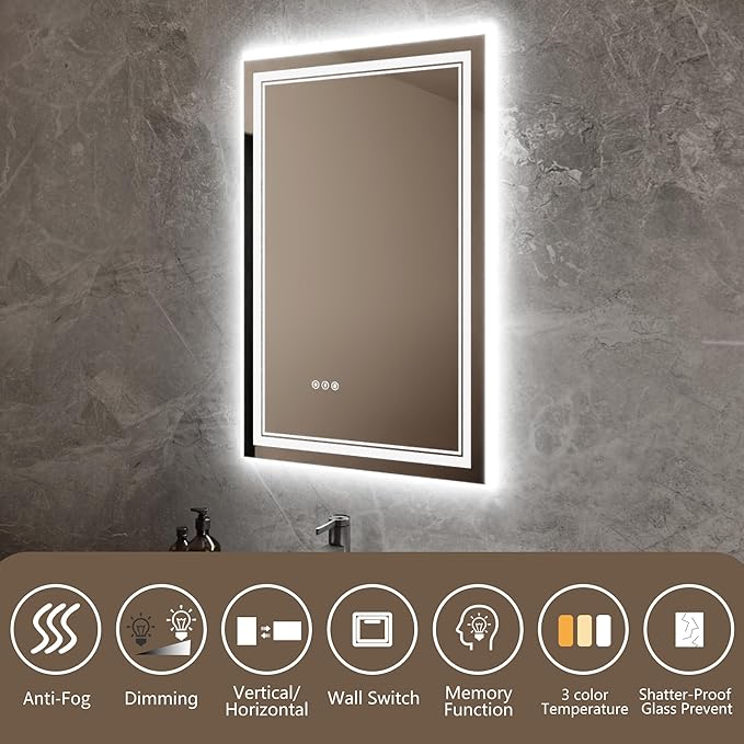 Bathroom Mirror with Lights 24"X36" with Front Light and Backlit, Tempered Glass, Wall Mount Horizontal/Vertical, Stepless Dimmable, 3 Colors, Anti Fog, Bathroom Memory LED Mirror