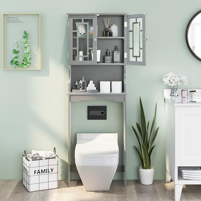 BestComfort Wooden Over The Toilet Storage Cabinet, Home Bathroom Space Saver, Double Doors, Adjustable Shelf Organizer, Open Storage Shelf, Freestanding Toilet Storage Rack Unit (Gray), Grey