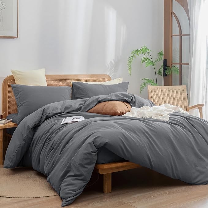 BESTOUCH Duvet Cover Set 100% Washed Cotton Linen Feel Super Soft Comfortable Chic Lightweight 3 PCs Home Bedding Set Solid Quiet Shade Grey Super Queen