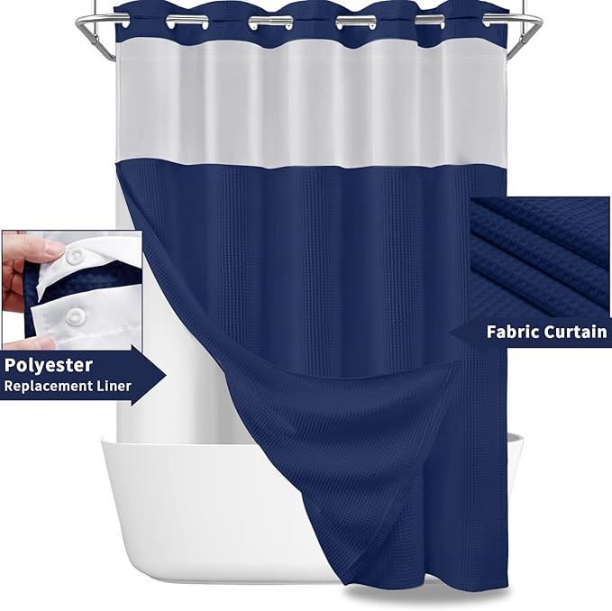 YellyHommy No Hook Shower Curtain and Liner Set Less Time Waffle Cotton Hotel Shower Curtain with Snap in Liner 72" Wx 75" L Blue