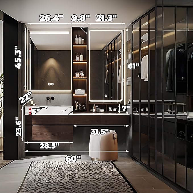 Bathroom Vanity with Sink - Luxury Bathroom Sink Cabinet, Floating Vanity with Smart Defogging Mirror & Storage Drawer, Multi-Layer Solid Wood Panel - Complete Accessories (60")
