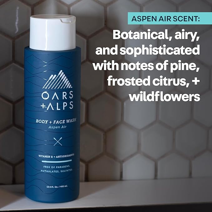 Oars + Alps Mens Moisturizing Body and Face Wash, Skin Care Infused with Vitamin E and Antioxidants, Sulfate Free, Aspen Air, 2 Pack