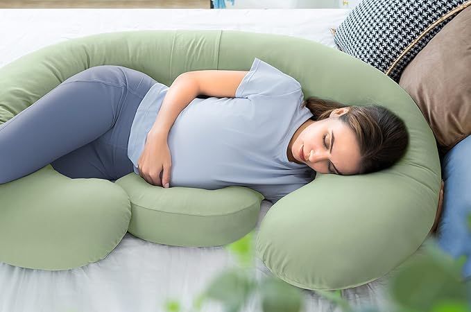 QUEEN ROSE Cooling Pregnancy Pillows - E Shaped Pregnancy Pillows for Sleeping, Detachable Body Pillow for Pregnant Side Sleeper, Cooling Silky Cotton Cover, Sage Green