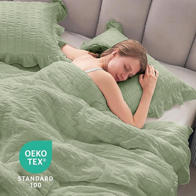 JOLLYVOGUE Sage Green Twin Size Comforter Set, 2 Pieces Seersucker Lightweight Fluffy Bedding Set, Twin Ruffle Comforter, All Season Soft Microfiber Shabby Chic Bed Set
