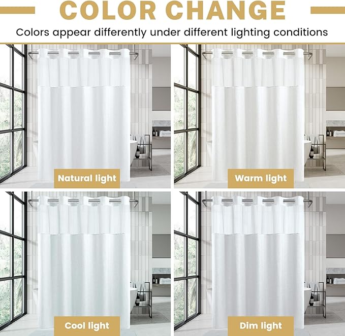No Hook White Shower Curtain, Polyester Textured Shower Curtain with Snap in Liner Set, Waterproof & Washable Bath Curtains for Bathroom, 71Wx74H