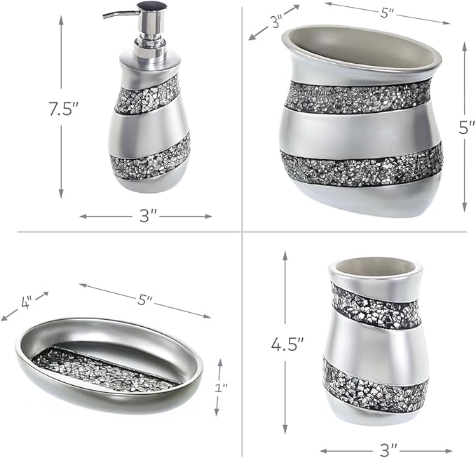 Creative Scents Silver Bathroom Accessory Set - Mosaic Glass Bathroom Soap Dispenser Set; 4-Piece Bathroom Set Includes: Lotion Dispenser, Toothbrush Holder, Tumbler & Soap Dish - Gift Packaged
