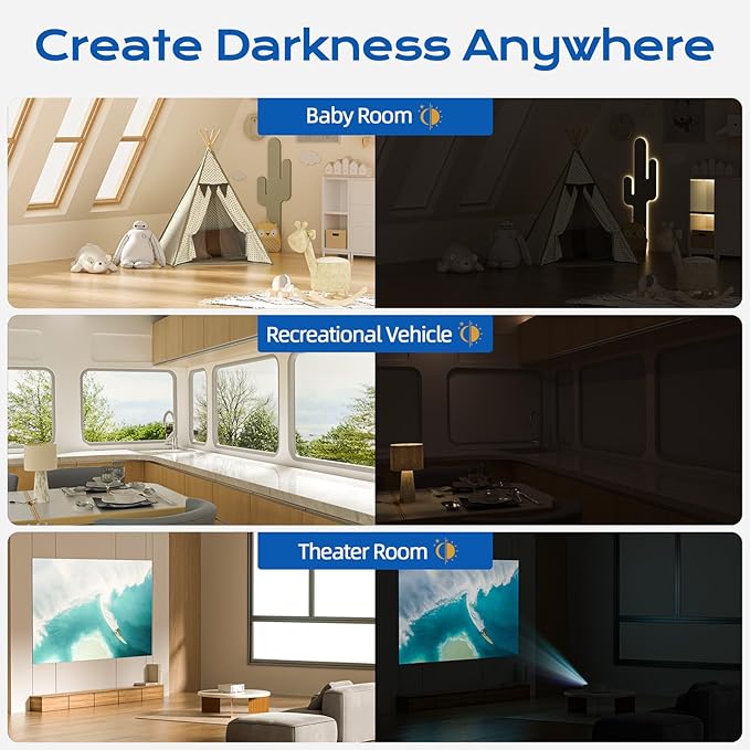 White Blackout Curtains for Bedroom, 70" x 58" Portable Blackout Blinds with 20 Sets Hooks & Loops Strips for 100% Blackout Window Film, Temporary Black-Out Shades for Windows Cover Nursery Travel RV