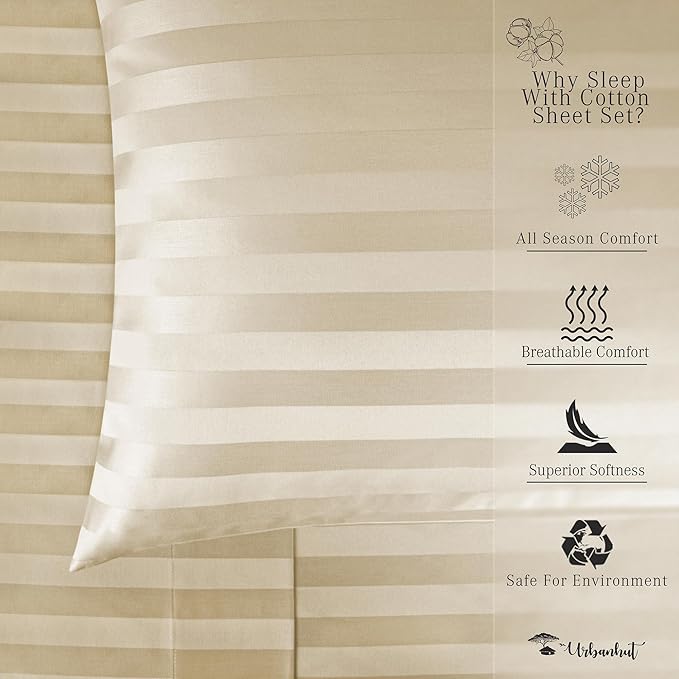URBANHUT 1000 Thread Count Damask Striped King Size Egyptian Cotton Sheets, Long Staple Soft & Breathable, 4 Pc Bed Sheet Sets, Luxury Hotel Sateen Sheets Fits 16" Deep Pocket - Sand