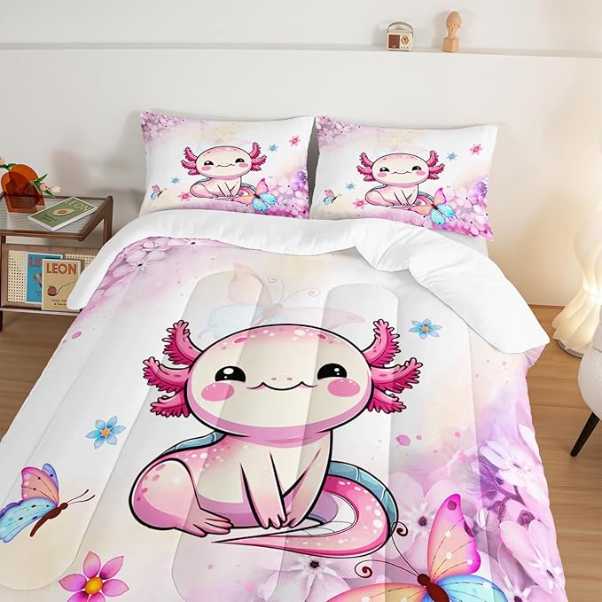 Cartoon Axolotl Comforter Kids Bedding Set,Axolotl Flower Butterfly Bedding Twin Size for Boys Girls Room Kawaii Decor,Pink Toddler Comforter Sets with 2 Pillowcases.