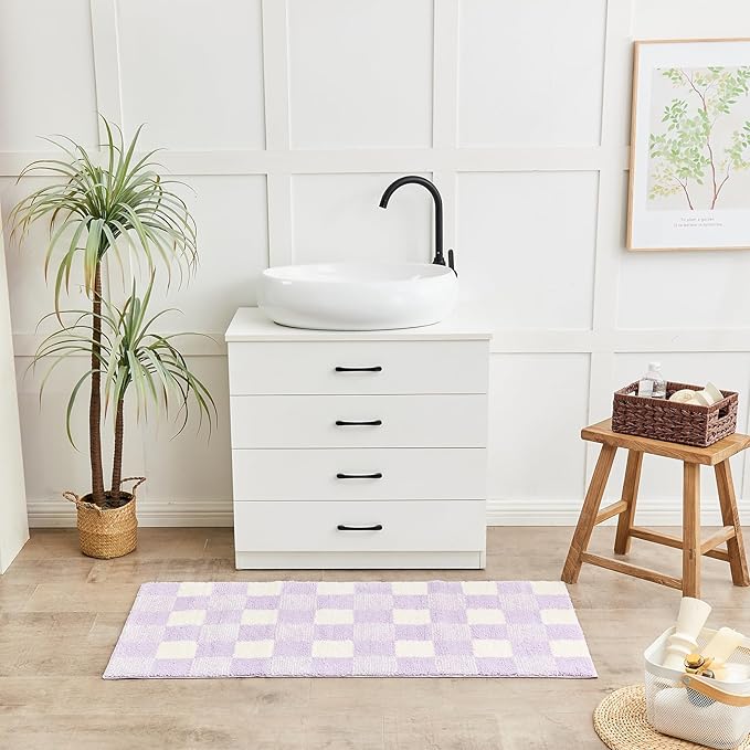 CozeCube Bath mats for Bathroom Non Slip, Fluffy Absorbent Microfiber Bath mat Washable, Aesthetic Bathroom Rugs, Cute Purple Checkered Bath mat, Lavender, 32" x 20"