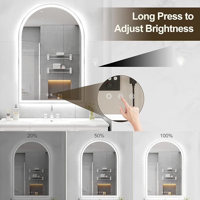Arched LED Mirror for Bathtoom 24"x36", Brushed Nickel LED Bathroom Mirror with Lights-Fogless, Dimmable, Shatterproof, Touch Sensor, 3 Color Changing