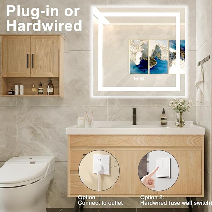 36 X 36 Inch Square LED Bathroom Vanity Mirror, 3 Colors Light Dimmable, Wall Mounted Memory Lighted Makeup Mirror with Anti-Fog Touch Switch (Front-lit&Backlit)