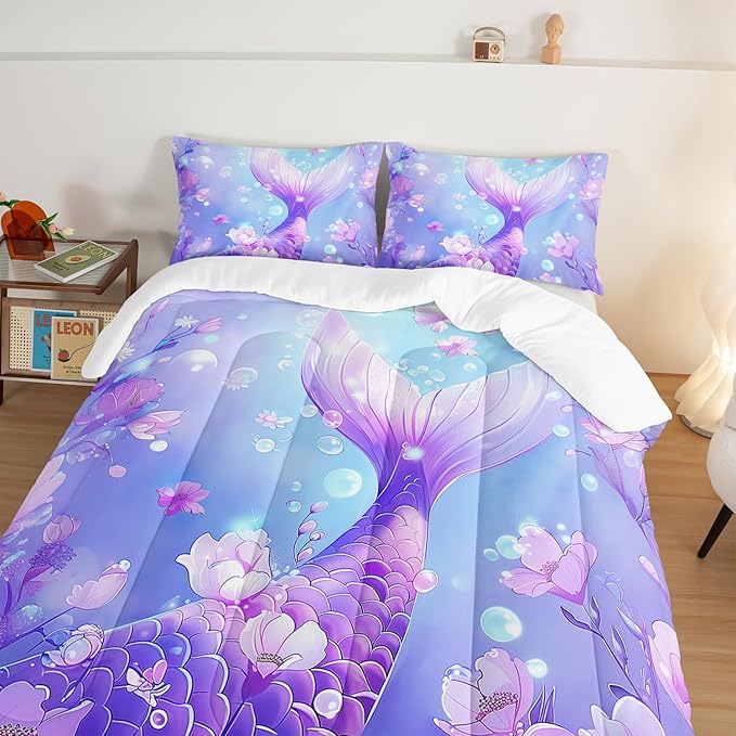 Pretty Mermaid Comforter King for Girls Kids, Mermaid Fish Scale Floral Pattern Bedding for Girls Bedroom Decor, Ocean Themed Comforter Bedding Set with 2 Pillowcases