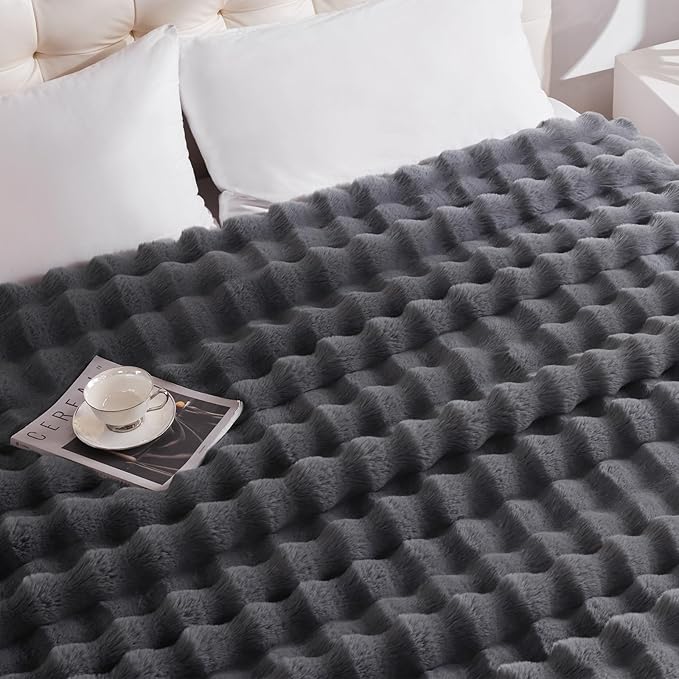 Heated Blanket King Size with 1/2/4/6/8 Hours Auto-Off 10 Heat Level, 90'' * 100'' Cozy Faux Rabbit Fur Bubble Electric Blanket with Overheat Protection(Dark Grey)