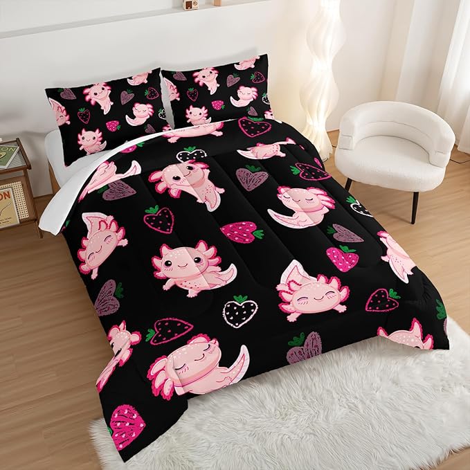 Cute Axolotl Bedding Set Full Size,Pink Axolotl Strawberry Printed Comforter Sets Aesthetic Bedding for Kids Girls,Beach Coastal Animal Themed Comforter Sets with 2 Pillowcases.