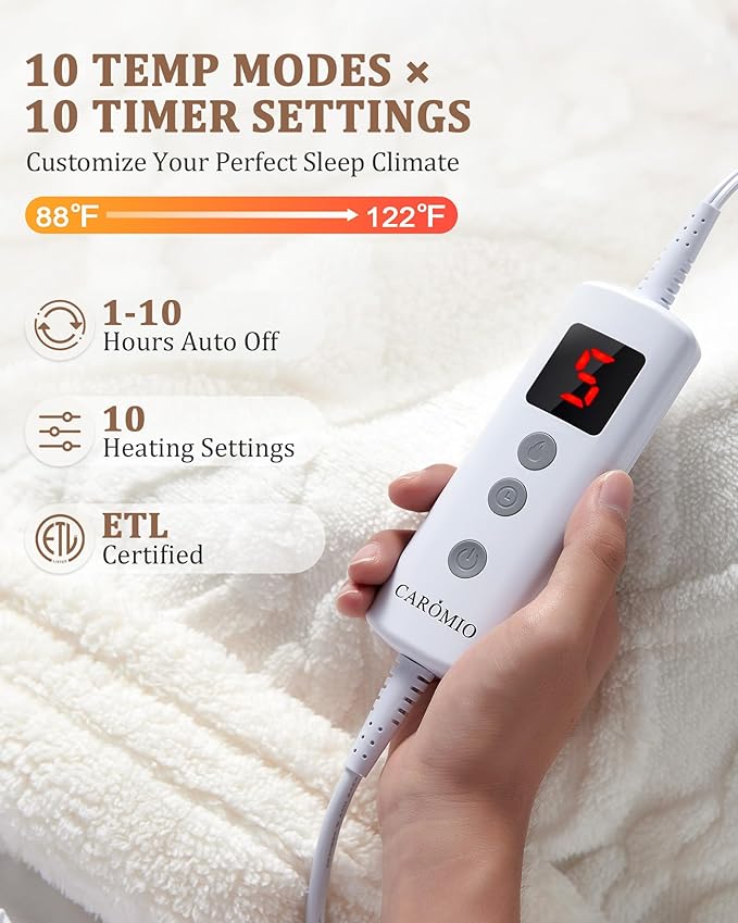 CAROMIO Heated Throw Blanket - Thick Tufted Sherpa Electric Blanket Throw with 10 Heating Levels and 10 Time Settings, ETL Certified Machine Washable Fast Heating Blanket Throw 50"×60", Off White