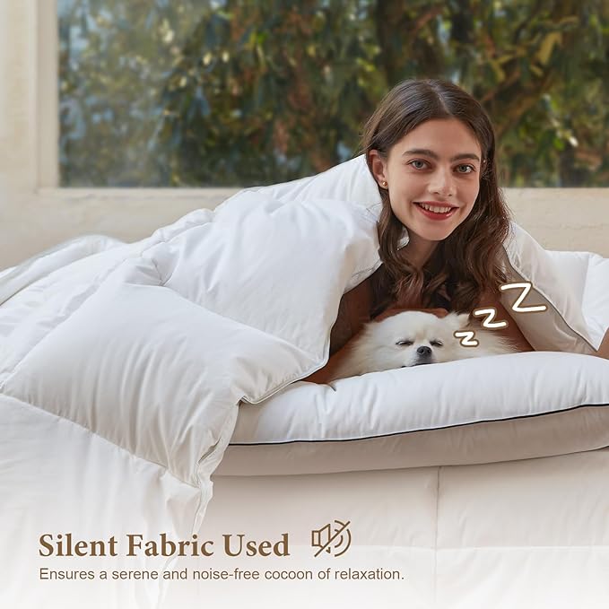 DWR Luxury Down Feather Fibers Comforter Full/Queen, Hotel-Style Fluffy Duvet Insert, Ultra-Soft Cotton Blend Fabric, High Fill Power 46oz Medium Weight for All Season(90x90, White)