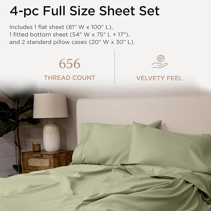 Threadmill Luxury Full Size Sheets | 656 Thread Count Certified Supima Cotton Sheets for Full Size Mattress | 5-Star Hotel Quality 4 Piece Bed Sheets with Extra Deep Pocket |Sage Green Sheet