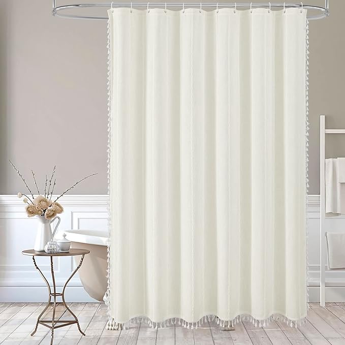 MitoVilla Boho Farmhouse Fabric Shower Curtain Set, Ivory Polyester Linen Shower Curtains for Vintage Rustic Bathroom Decor, Modern Neutral Wrinkle Resistant Cloth Shower Curtain, 72 x 72