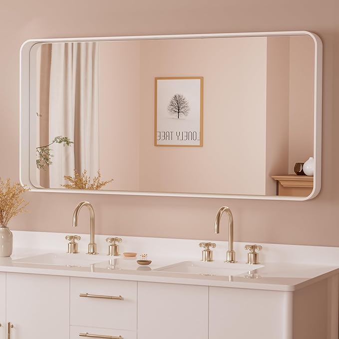 TETOTE 48 x 24 White Frame Mirror for Bathroom Metal Frame Wall Mounted Rectangle Mirror for Vanity with Sandy Textured Surface(Horizontal/Vertical)