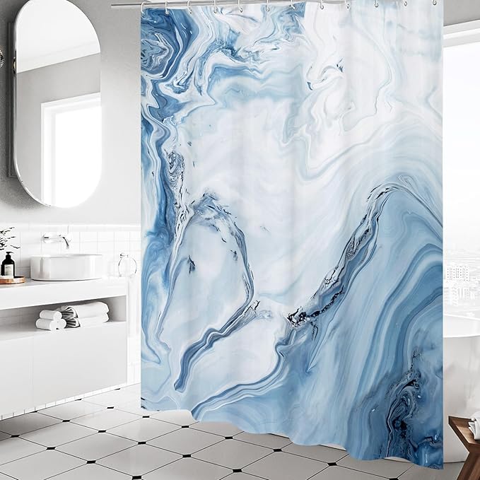 MitoVilla Blue Marble Small Stall Shower Curtain 36 x 72, Abstract Ombre Half Size Narrow Shower Curtain Set, 36 inch Modern Fabric Shower Curtains for Chic Luxury Bathroom Decor