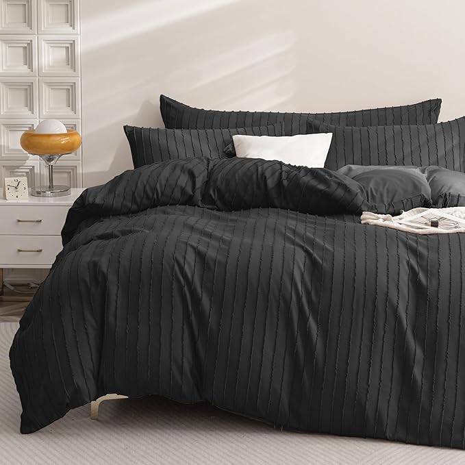 JELLYMONI Duvet Cover Full Size Black - 3PCS Boho Striped Duvet Cover Set Polyester Tufted Bohemian Textured Comforter Cover with Corner Ties & Zipper Closure