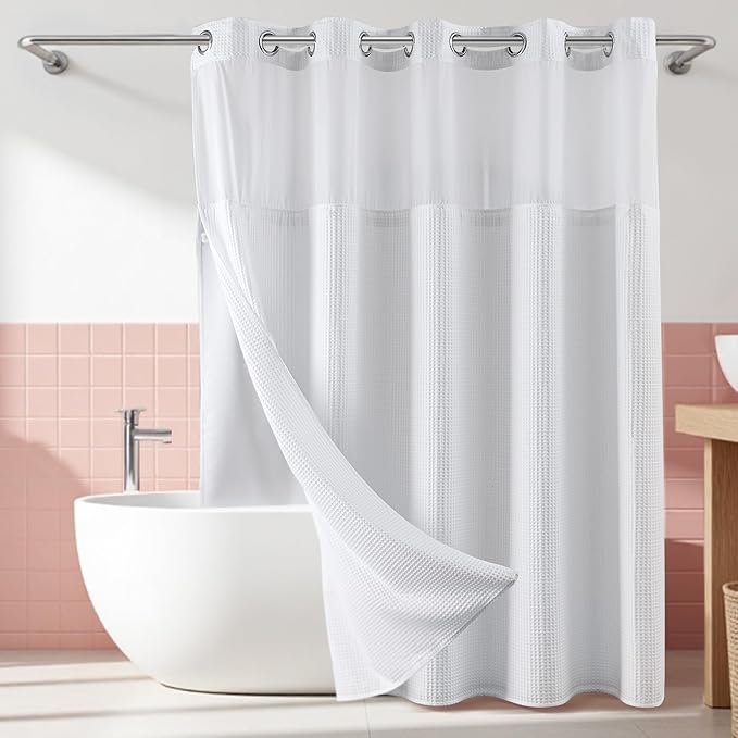 River Dream White Fabric Shower Curtain Set, Cotton Blend, Waffle Weave, with Snap in Replacement Liner，71 x 74 inches