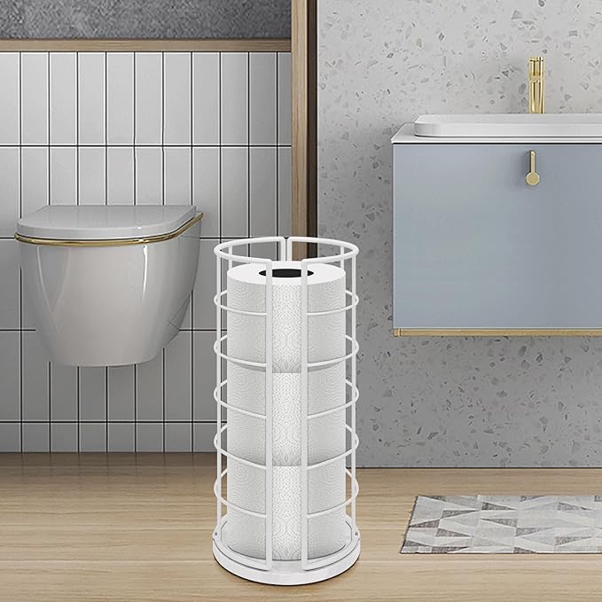 NearMoon Toilet Paper Organizer Stand, Free Standing 3 Rolls Tissue Storage, Metal Bathroom Accessory, Rustproof Toilet Roll Holder for Kitchen Countertop Inside Cabinet Shelf(Marble Base, White)