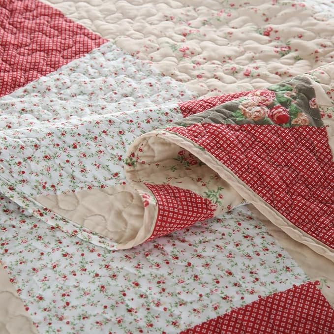ENASAL Cotton Bedspread Quilt Bedding Sets Reversible Coverlet Sets Comforters Rose Floral Purple White Patchwork Pattern Bedspread for All Season, King Size