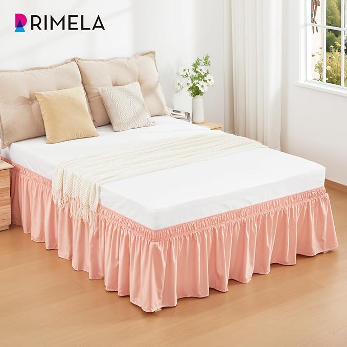 RIMELA Peachy Coral Bed Skirt Queen Size 18 Inch Drop, Wrap Around Elastic Bedskirt, Dust Ruffle for Adjustable Bed Base Machine Washable Easy to Install Bed Skirts