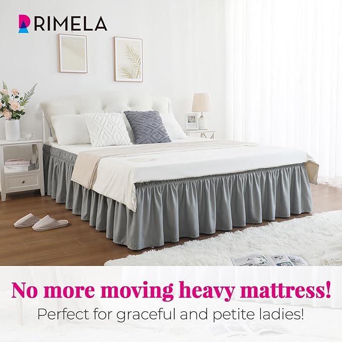 RIMELA Light Grey Bed Skirt Queen Size 16 Inch Drop, Elastic Bed Skirting for Bed Base and Frame, Bedding Dust Ruffle Easy to Install, Lightweight Comforter Set with Wrap Around Adjustable Bedskirt