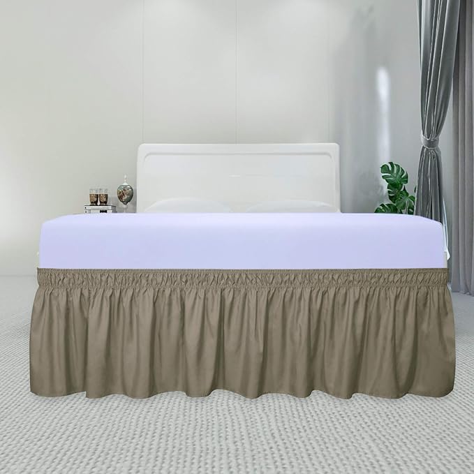 PureFit Wrap Around Ruffled Bed Skirt with Adjustable Elastic Belt - 14 Inch Drop Easy to Put On, Wrinkle Free Bedskirt Dust Ruffles, Bed Frame Cover for Queen, King and C-King Size Beds, Sand