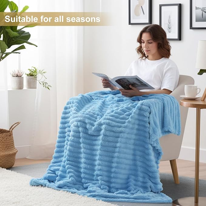 decorUhome Christmas Soft Fleece Blue Blanket Queen Size for Bed, Cozy Fluffy Plush Flannel Large Striped Throws for Couch Sofa, Lightweight Decorative Fuzzy Blanket for Woman, 90x90 Inches