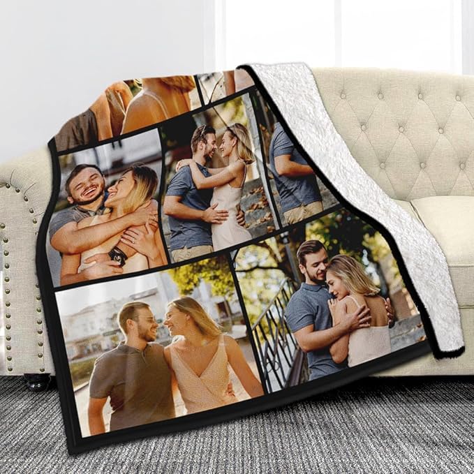 Custom Sherpa Fleece Blanket with Photos and Text - Soft Warm Fuzzy Personalized Couples Gift for Boyfriend Girlfriend - Customized Picture Gifts for Birthday Anniversary Christmas