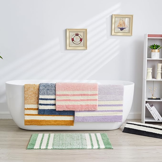CozeCube Bath mats for Bathroom Non Slip, Fluffy Absorbent Microfiber Bath mat Washable, Aesthetic Bathroom Rugs, Large Harvest Gold Striped Bath mat, Harvest Gold, 36" x 24"