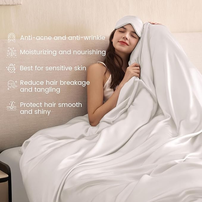 THXSILK 100% Pure Mulberry Silk Duvet Cover Set 3 Piece, 6A+ Grade Luxury Soft Bedding Silk Sheets for Hair and Skin, 1 Pcs Duvet/Quilt/Comforter Cover with 2 Zippered Pillowcases (Cream White, Full)