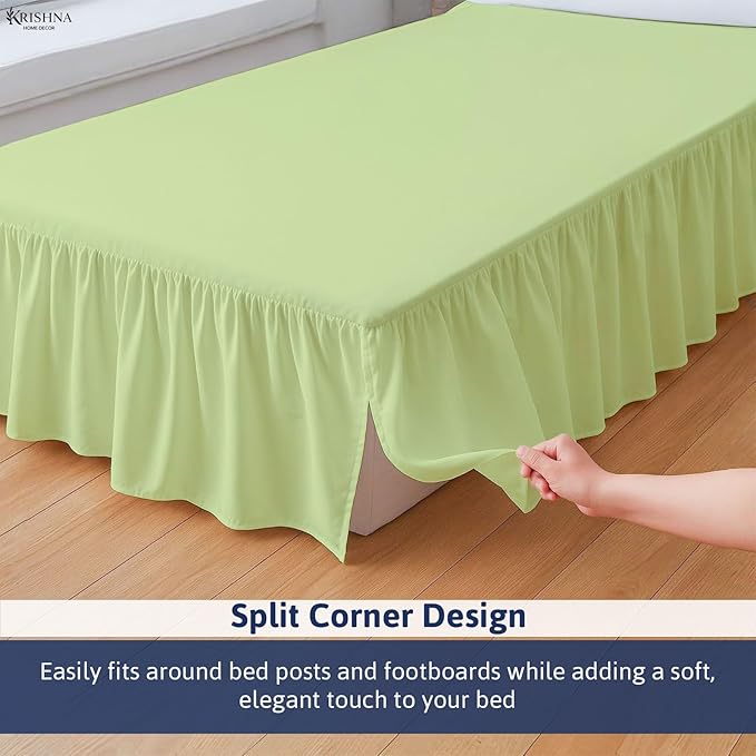 KRISHNA Ruffled Bed Skirt with Split Corners Queen, 100% Microfiber Hotel Quality, 28 Inch Drop Dust Ruffle Gathered Bedskirt with Platform, 60" x 80", Sage
