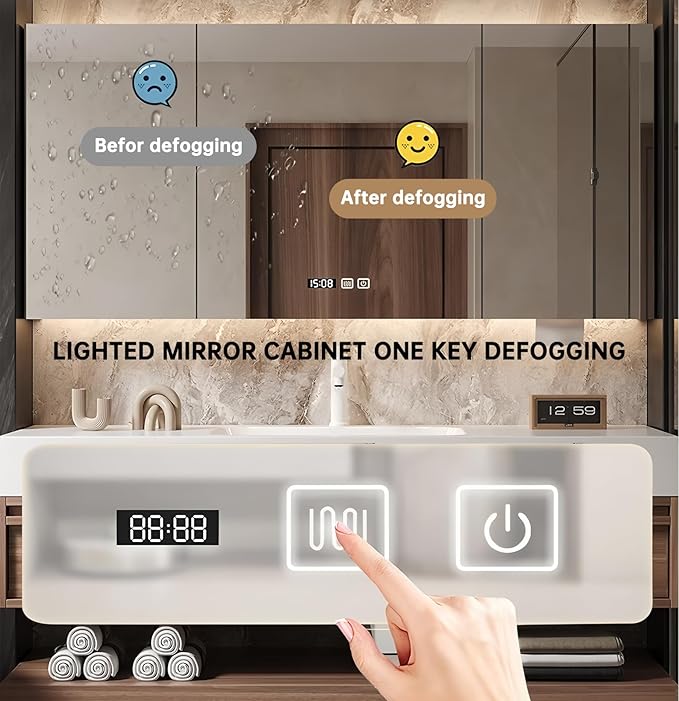 64" Bathroom Vanity, Floating Bathroom Vanity with Sink, Solid Wood Vanities with Smart Defogging Mirror Cabinet, Slate Countertop and Faucet, Wall Mount Bath Furniture Cabinet with Drawers (Walnut)