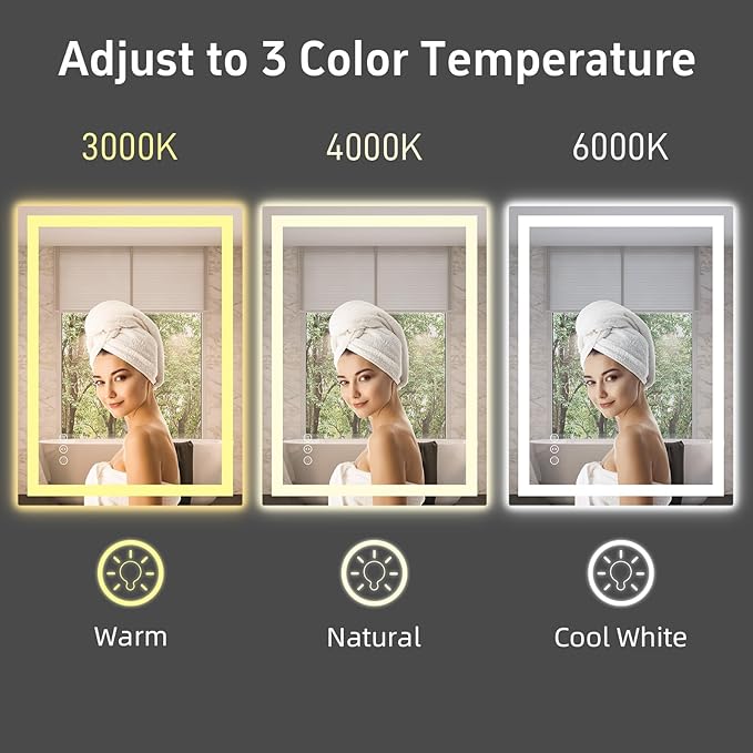 40"x 24" LED Bathroom Mirror with Lights, Anti-Fog, Double Lighting Sources Dimmable, Backlit + Front Lit, Lighted Bathroom Vanity Mirror with 3 Colors, Tempered Glass (Horizontal/Vertical)