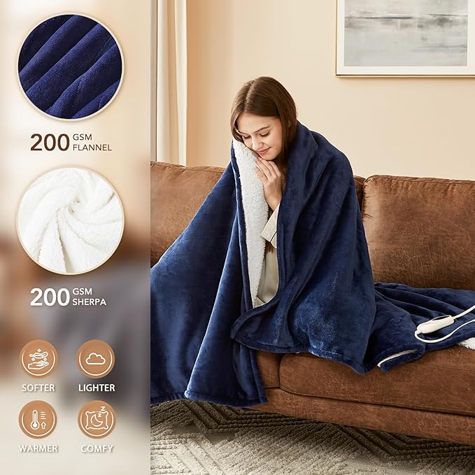 Homemate Electric Heated Blanket Queen Size - 84"x90" Heating Blanket Queen Size Dual Control 1/2/4/6/8 Hours Auto-Off 10 Heat Level Over-Heat Protection Flannel Sherpa ETL Certification
